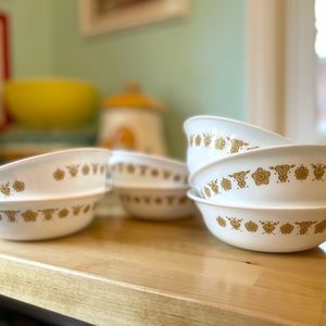 Set of 7 Corelle Butterfly Gold Dinnerware Bowls, 1970